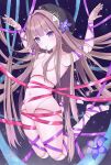  absurdres black_headwear brown_hair doll_joints flower hair_censor hair_over_breasts herta_(honkai:_star_rail) highres honkai:_star_rail honkai_(series) joints purple_eyes purple_flower ribbon undressing user_kure4545 