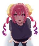  1girl aa2mee absurdres black_shirt black_thighhighs blush breasts collarbone dragon_girl dragon_horns drill_hair english_commentary fang from_above gradient_hair height_difference highres horns ilulu_(maidragon) kobayashi-san_chi_no_maidragon large_breasts looking_at_viewer looking_up low_twintails multicolored_hair open_mouth pink_eyes pink_hair pointy_ears pov purple_hair shadow shirt short_sleeves shortstack simple_background skin_fang slit_pupils sweat sweatdrop thighhighs twin_drills twintails two-tone_hair v-shaped_eyebrows white_background yellow_horns 