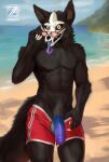  anthro athletic balls beach black_body black_fur black_sclera bone bottomwear claws clothed clothing eyewear fangs fluffy fluffy_tail fur genitals heida hi_res holding_eyewear holding_glasses holding_object horn humanoid_genitalia humanoid_penis male muscular muscular_male partially_clothed pecs penis poking_out pulling_pants_down pupils sea seaside shorts skull skull_head skulldog_(species) solo sunglasses tail teeth tongue tongue_out water yellow_pupils zaahrich 