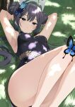  1girl absurdres armpits arms_up bare_arms black_dress black_hair blue_archive bug butterfly butterfly_hair_ornament china_dress chinese_clothes commentary_request double_bun dragon_print dress feet_out_of_frame grey_eyes hair_bun hair_ornament halo highres kisaki_(blue_archive) knees_up legs long_hair looking_at_viewer lying on_back parted_lips print_dress puripuri short_dress sleeveless sleeveless_dress solo triangle_mouth twintails 