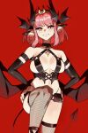  1girl alternate_costume breasts circe_(fate) demon_tail earrings elbow_gloves fake_head_wings fake_tail fate/grand_order fate_(series) fingerless_gloves fishnet_thighhighs fishnets gloves hand_on_own_hip head_wings highres jewelry leg_up looking_at_viewer medium_breasts monkey_jon multicolored_eyes necklace pink_hair pointy_ears red_background short_hair simple_background smile solo tail thighhighs wings 