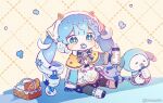  1girl animal baby_bottle baguette beamed_eighth_notes bell blue_bow blue_bowtie blue_eyes blue_hair blue_hood blue_mittens blue_skirt blush_stickers bottle bow bowtie bread capelet cheese chibi commentary curly_hair drinking fake_horns food hair_ornament hatsune_miku holding holding_bottle horns ice_cream_cone layered_skirt long_hair milk_bottle musical_note musical_note_hair_ornament neck_bell pacifier picnic_basket rabbit rabbit_yukine seomin sitting skirt snowflake_hair_ornament solo sprinkles swiss_cheese twintails twitter_username very_long_hair vocaloid waffle_cone white_headdress white_skirt yellow_background yellow_capelet yuki_miku 