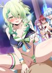  1boy 4girls ahoge bikini blue_shorts blue_skirt blush breasts censored ceres_fauna finger_to_mouth flower fuyumi_kazuki grabbing_own_breast green_bikini green_eyes green_hair green_nails hair_flower hair_ornament hair_over_one_eye heart heart_ahoge heterochromia highres hololive hololive_english hololive_summer_2023_swimsuit houshou_marine large_breasts looking_at_viewer mole mole_under_eye mosaic_censoring multiple_girls nail_polish navel penis purple_hair pussy red_eyes red_hair red_wrist_cuffs sex short_shorts shorts skirt striped striped_bikini swimsuit teeth thigh_strap tokoyami_towa twintails upper_teeth_only vaginal virtual_youtuber yellow_eyes yukihana_lamy 