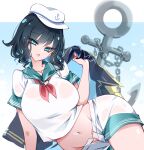  1girl anchor aqua_eyes black_coat black_hair blue_background breasts chain coat commentary_request green_sailor_collar groin highres large_breasts looking_at_viewer murasa_minamitsu navel neckerchief open_mouth raptor7 red_neckerchief sailor sailor_collar see-through see-through_shirt see-through_shorts short_hair short_sleeves shorts solo touhou touhou_gouyoku_ibun white_shorts 