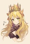 1girl absurdres blonde_hair breasts butterfly_hair_ornament celine_(fire_emblem) closed_mouth crown eyelashes fire_emblem fire_emblem_engage flower green_eyes hair_flower hair_ornament highres long_hair looking_at_viewer simple_background small_breasts smile solo upper_body velahka 