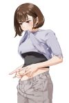  1girl belly_grab blush breasts brown_hair clothes_lift grey_pants looking_down mattaku_mousuke medium_breasts mouth_hold navel original pants shirt_lift short_hair simple_background solo stomach sweatdrop twitter_username weight_conscious white_background 
