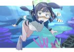  1girl bikini black_hair blue_archive blue_eyes breasts bubble closed_mouth coral diving_mask flippers goggles halo jacket large_breasts littleminimamut long_sleeves looking_at_viewer saki_(blue_archive) saki_(swimsuit)_(blue_archive) short_hair snorkel solo swimsuit underwater water 