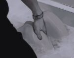  1boy 1girl bathtub foam hand_on_another&#039;s_leg hetero highres knees_up monochrome original shiny_skin watch wristwatch yanh_hyung 