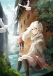  1girl absurdres balcony bird cloud dove highres jacket long_hair looking_at_viewer open_mouth original rooftop shorts sitting solo stairs touchika tree white_hair yellow_eyes 