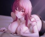  1girl ass bare_shoulders blurry blurry_background blush breast_rest breasts camisole cleavage collarbone depth_of_field downblouse hair_between_eyes heterochromia hololive houshou_marine large_breasts long_hair looking_at_viewer lying on_stomach oni0417 open_mouth red_eyes red_hair solo strap_slip virtual_youtuber waking_up yellow_eyes 