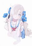  1girl :&gt; blue_flower blue_hair blue_skirt closed_mouth dual_wielding flower grey_eyes hair_flower hair_ornament hair_over_one_eye hair_strand hands_up head_tilt highres holding holding_flower isekai_joucho kamitsubaki_studio long_hair multicolored_hair neckerchief nemophila_(flower) no_shoes pantyhose pinky_out pleated_skirt red_neckerchief ryuuforkaf sailor_collar school_uniform serafuku shirt short_sleeves simple_background skirt smile solo squatting streaked_hair very_long_hair white_background white_hair white_pantyhose white_sailor_collar white_shirt 