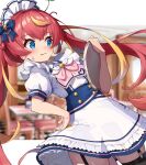  1girl alternate_costume blue_eyes blurry blurry_background blush breasts closed_mouth commentary_request enmaided hair_between_eyes hair_ornament highres indie_virtual_youtuber long_hair looking_at_viewer maid maid_cafe mefuchan mei_(vtuber) red_hair ribbon small_breasts solo sweat thighhighs tray twintails virtual_youtuber 