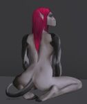  2018 akrolayn ambiguous_species anthro artist_name butt cybernetic_arm cybernetic_limb digital_media_(artwork) digital_painting_(artwork) feet female full-length_portrait grey_background grey_tail hair humanoid_feet kneeling looking_aside plantigrade portrait rear_view red_hair shaded simple_background solo tail tan_body tan_skin 