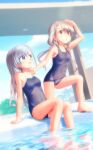  2girls arm_up barefoot blue_eyes blue_one-piece_swimsuit blush braid braided_bangs breasts brown_eyes day full_body grey_hair highres hisakawa_hayate hisakawa_nagi idolmaster idolmaster_cinderella_girls kawaseki long_hair looking_at_another looking_up low_twintails multiple_girls on_one_knee one-piece_swimsuit outdoors pool poolside school_swimsuit siblings sisters sitting small_breasts soaking_feet sunlight sweatdrop swimsuit twins twintails water 