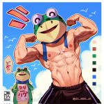  2boys abs animal_costume bara biceps black_shorts double_biceps_pose flexing frog_costume highres jezz_mons_art large_pectorals male_focus multiple_boys muscular muscular_male navel nipples original pectorals shorts topless_male translation_request twitter_username 