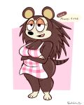  2023 animal_crossing anthro apron apron_only bags_under_eyes breasts brown_body clothing crossed_arms digital_drawing_(artwork) digital_media_(artwork) english_text eulipotyphlan female full-length_portrait hedgehog hi_res imrachets lidded_eyes mammal mostly_nude nintendo open_mouth pink_background portrait red_apron sable_able signature simple_background slightly_chubby solo speech_bubble standing text thick_thighs 