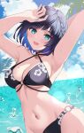  1girl :d absurdres aqua_eyes armpits arms_up bikini black_bikini blue_sky braid breasts commentary_request diagonal_bangs genshin_impact halterneck highres looking_at_viewer medium_breasts medium_hair mole mole_on_breast ocean rererere_mon side_braid sky smile solo swimsuit water yelan_(genshin_impact) 