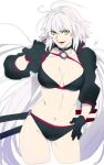  1girl azusa_(hws) bikini black_bikini black_choker black_gloves black_jacket breasts choker collarbone covered_nipples cropped_jacket cropped_legs fate/grand_order fate_(series) gloves groin_tendon hair_between_eyes hand_on_own_hip hand_up jacket jeanne_d&#039;arc_alter_(fate) jeanne_d&#039;arc_alter_(swimsuit_berserker)_(fate) katana lifted_by_self long_hair long_sleeves looking_at_viewer lower_teeth_only medium_breasts navel o-ring o-ring_bikini open_mouth popped_collar red_trim sheath sheathed signature simple_background smile solo strap_lift swimsuit sword teeth weapon white_background white_hair yellow_eyes 