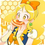  1girl arm_warmers beehive black_vest blonde_hair bow bright_pupils brooch clover_earrings commentary cure_honey doughnut eating food hair_bow happinesscharge_precure! heart heart_brooch holding holding_food honey jewelry long_hair mister_donut monster_rally oomori_yuuko orange_bow ponytail precure puffy_short_sleeves puffy_sleeves shirt short_sleeves sidelocks solo sparkle upper_body vest white_pupils white_shirt yellow_eyes 