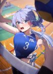  1girl 1other :o blue_eyes blue_hair blue_shirt blush breasts highres jumping large_breasts legs_up long_hair looking_at_viewer original ponytail pov pov_hands shirt shoes sleeveless sleeveless_shirt sneakers solo sportswear vegetablenabe very_long_hair volleyball volleyball_net volleyball_uniform 