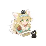  :3 animal_ears aqua_hairband aqua_skirt arknights bag basket black_cat blonde_hair bobby_socks brown_bag brown_footwear cardigan cat chibi chinese_commentary commentary_request creature_on_head crossover fox_ears fox_girl fox_tail frilled_hairband frills green_eyes hair_ornament hair_scrunchie hairband heixiu highres holding holding_basket hu_ming_yu_shu kitsune kyuubi long_sleeves luo_xiaohei luo_xiaohei_zhanji multiple_tails neck_ribbon official_alternate_costume open_mouth puffy_long_sleeves puffy_sleeves red_ribbon ribbon round_bag scrunchie shoes shoulder_bag simple_background skirt socks suzuran_(arknights) suzuran_(spring_praise)_(arknights) tail white_background yellow_cardigan 