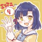  1girl 77haniwa blue_hair blue_shirt blush braid buttons cardigan commentary hair_ribbon hands_up idolmaster idolmaster_million_live! looking_at_viewer medium_hair nanao_yuriko open_mouth red_ribbon ribbon sailor_collar shirt smile solo spoken_number v watch white_sailor_collar wristwatch yellow_background yellow_cardigan yellow_eyes 