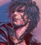  1boy beard black_hair black_jacket blue_eyes clive_rosfield facial_hair facial_tattoo final_fantasy final_fantasy_xvi highres jacket looking_to_the_side male_focus messy_hair portrait short_hair signature solo swept_bangs tattoo tdsuke upper_body 