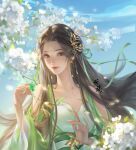  1girl absurdres baiguio_(zhu_xian) bare_shoulders bell blue_sky braid brown_hair butterfly_ornament closed_mouth clothing_cutout cloud dress falling_petals fy_fu_yu green_dress highres jewelry long_hair necklace petals sash second-party_source shoulder_cutout sky smile solo upper_body zhu_xian 