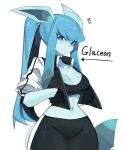  anthro big_breasts black_bottomwear black_clothing black_shorts blue_eyes blue_hair bottomwear bra breasts choker cleavage clothed clothing collarbone eeveelution female generation_4_pokemon glaceon hair hi_res jewelry long_hair navel necklace nintendo pokemon pokemon_(species) shorts solo sports_bra togetoge underwear 