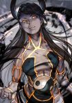  1girl android black_hair colored_skin female_seth_(street_fighter) grey_skin hungry_clicker incoming_attack long_hair looking_at_viewer metal_skin neon_trim orange_eyes orb street_fighter street_fighter_v yin_yang yin_yang_orb 