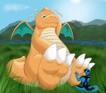  2017 3_toes 4_fingers ambiguous_gender dragonite duo featureless_crotch feet fingers foot_fetish generation_1_pokemon grass hi_res ily_(ilynine) micro nintendo nude outside plant pokemon pokemon_(species) soles suddendraft toes 