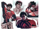  1boy bara black_hair blue_bodysuit bodysuit cup dark-skinned_male dark_skin holding holding_cup large_pectorals male_focus marvel miguel_o&#039;hara multiple_views muscular muscular_male one_eye_closed open_mouth pectorals red_bodysuit red_eyes short_hair spider-man:_across_the_spider-verse spider-man_(series) spider-verse spiderthingcoo teeth twitter_username two-tone_bodysuit 