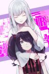  2girls aitsuki_nakuru ame-chan_(needy_girl_overdose) black_hair black_ribbon chaba_(w8ge7zupqrtqxbk) closed_eyes closed_mouth collared_shirt commentary_request crossover facing_viewer green_ribbon grey_hair hair_over_one_eye hair_ribbon hair_tie hand_on_another&#039;s_head hug hug_from_behind indie_virtual_youtuber long_hair long_sleeves looking_at_viewer multiple_girls neck_ribbon needy_girl_overdose open_mouth red_shirt ribbon shirt smile suspenders twintails virtual_youtuber white_shirt 