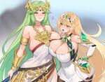  1girl 2girls armlet bare_shoulders blonde_hair blush breasts chest_jewel cleavage earrings elbow_gloves forehead_jewel gloves green_eyes green_hair headpiece highres huge_breasts jewelry kid_icarus kid_icarus_uprising laurel_crown long_hair multiple_girls mythra_(xenoblade) necklace norza palutena smile super_smash_bros. swept_bangs tiara very_long_hair xenoblade_chronicles_(series) xenoblade_chronicles_2 