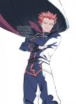  1boy belt black_cape black_eyes cape closed_mouth commentary crossed_arms floating_cape jacket kusuribe lance_(pokemon) long_sleeves looking_down male_focus pants pink_hair pokemon pokemon_(game) pokemon_hgss short_hair simple_background smile solo spiked_hair watermark white_background 