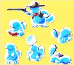  book brown_vest bubble_blowing clothed_pokemon commentary cowboy_hat dongff_tk gun hat highres holding holding_gun holding_weapon neckerchief no_humans pokemon pokemon_(creature) quagsire reading red_neckerchief revolver upside-down_book vest weapon 