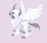  absol animal_focus artist_name closed_mouth commentary_request expressionless feathered_wings fluffy from_side full_body hair_over_one_eye looking_at_viewer mega_absol mega_pokemon neck_fur no_humans ntmkn one_eye_covered partial_commentary pokemon pokemon_(creature) purple_background red_eyes short_hair sidelocks signature simple_background solo standing twitter_username white_hair white_wings wings 