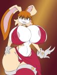  big_breasts breasts brown_eyes brown_hair canid canine canis clothed clothing domestic_dog female gloves hair handwear hi_res imric1251 lagomorph leporid mammal mature_female nipples partially_clothed pink_nipples rabbit sega simple_background solo sonic_the_hedgehog_(series) thong underwear vanilla_the_rabbit 