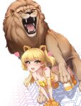  1girl akai_(riaakai) animal_hands ass bell bestiality blonde_hair blush bottomless commission gloves green_eyes heart highres idolmaster idolmaster_cinderella_girls jingle_bell jougasaki_rika lion long_hair open_mouth paid_reward_available paw_gloves sex simple_background skeb_commission solo striped striped_thighhighs teeth thighhighs twintails upper_teeth_only white_background yellow_stripes 