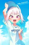  1girl :d baseball_cap blue_hair blue_shirt blue_sky blush clothes_writing colored_inner_hair hand_on_headwear hat holding lize_helesta looking_at_viewer multicolored_hair nijisanji pink_eyes shirt short_hair sky smile solo sukuna136 translation_request upper_body virtual_youtuber whistle whistle_around_neck white_hair 