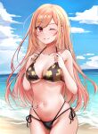  1girl beach bikini black_bikini blonde_hair blue_sky breasts cloud commentary_request day highres horizon kamitu kitagawa_marin long_hair medium_breasts multi-strapped_bikini o-ring o-ring_bikini ocean outdoors print_bikini red_eyes side-tie_bikini_bottom sky solo sono_bisque_doll_wa_koi_wo_suru swept_bangs swimsuit 