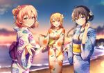  3girls absurdres ahoge black_hair blonde_hair blue_eyes blue_kimono closed_mouth evening fireworks floral_print flower hair_bun hair_flower hair_ornament highres holding_fireworks isshiki_iroha japanese_clothes kazari_hisa kimono lens_flare long_sleeves looking_at_viewer medium_hair multiple_girls obi ocean open_mouth orange_eyes orange_hair outdoors print_kimono reaching reaching_towards_viewer sash single_hair_bun single_side_bun sky sparkler white_kimono wide_sleeves yahari_ore_no_seishun_lovecome_wa_machigatteiru. yellow_eyes yellow_kimono yuigahama_yui yukinoshita_yukino 