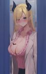  1girl blonde_hair blue_eyes blurry blurry_background blush breast_tattoo breasts cleavage collarbone commentary demon_girl demon_horns doorway frilled_shirt frills haro_art heart heart-shaped_pupils highres hololive horns lab_coat large_breasts long_hair looking_at_viewer parted_lips pink_shirt pointy_ears red_pupils revision shirt solo straight_hair symbol-shaped_pupils tattoo virtual_youtuber yuzuki_choco yuzuki_choco_(1st_costume) 