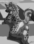 anthro anus blep breasts butt female fur genitals greyscale hair half-closed_eyes hi_res hyena mammal monochrome narrowed_eyes pussy rear_view sketch smile solo spots spotted_body spotted_fur spotted_hyena tongue tongue_out yonivi 