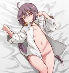  1girl akebono_(kancolle) bed_sheet bell blush closed_mouth collarbone collared_shirt flower groin hair_bell hair_between_eyes hair_flower hair_ornament jingle_bell kantai_collection long_hair long_sleeves navel one-hour_drawing_challenge open_clothes open_shirt pink_flower purple_eyes purple_hair shirt side_ponytail solo white_shirt yuki_to_hana 