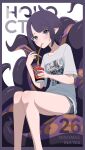  1girl absurdres animal_ears black_hair blunt_bangs blush border character_name cup_ramen daydarion dolphin_shorts eating english_commentary grey_eyes grey_shorts highres hololive hololive_english instant_ramen looking_at_viewer mole mole_under_eye ninomae_ina&#039;nis ninomae_ina&#039;nis_(5th_costume) official_alternate_costume pointy_ears purple_border shirt short_hair short_shorts short_sleeves shorts sitting solo t-shirt tentacles virtual_youtuber white_shirt 
