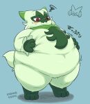  2023 anthro belly black_pupils claws finger_claws floragato fur generation_9_pokemon green_body green_ears green_fur green_tail hands_on_belly japanese_text nawa nintendo obese overweight overweight_anthro pokemon pokemon_(species) pupils red_eyes tail text 