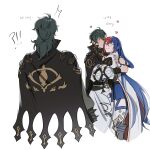  1boy 1girl alear_(female)_(fire_emblem) alear_(fire_emblem) blush cape closed_eyes closed_mouth fire_emblem fire_emblem_engage green_hair gregory_(fire_emblem) hair_between_eyes highres hug long_hair long_sleeves looking_at_another multicolored_hair oratoza red_eyes short_hair skirt tiara two-tone_hair very_long_hair white_background 