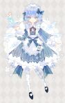  1girl alternate_costume argyle argyle_background argyle_legwear black_footwear blue_dress blue_eyes blue_hair blush_stickers cirno closed_mouth cup detached_wings doily dress drink drinking_glass drinking_straw enmaided fairy full_body highres ice ice_wings long_sleeves maid maid_headdress nikorashi-ka pantyhose polka_dot polka_dot_legwear shoes short_hair smile solo touhou tray white_pantyhose wings 