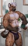  anthro beverage brown_body brown_fur clothing coffee coffee_cup container cup fur hi_res hyena jockstrap juiceps male mammal nipples solo spots spotted_body spotted_fur tail underwear 